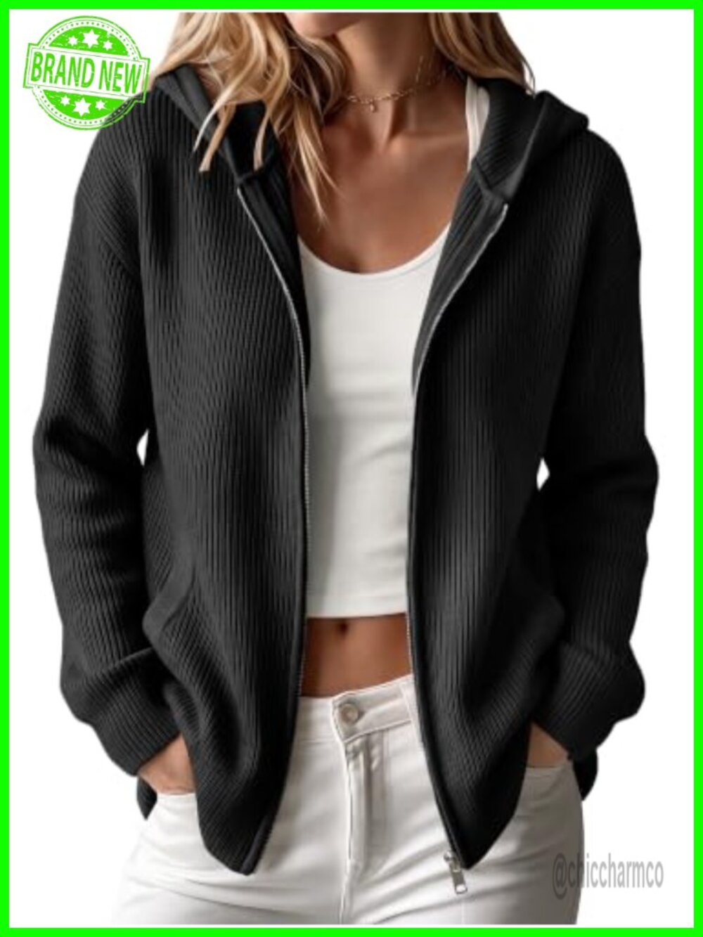 Womens Hooded Cardigan Sweater Zip Up Knit Hoodie with Pockets